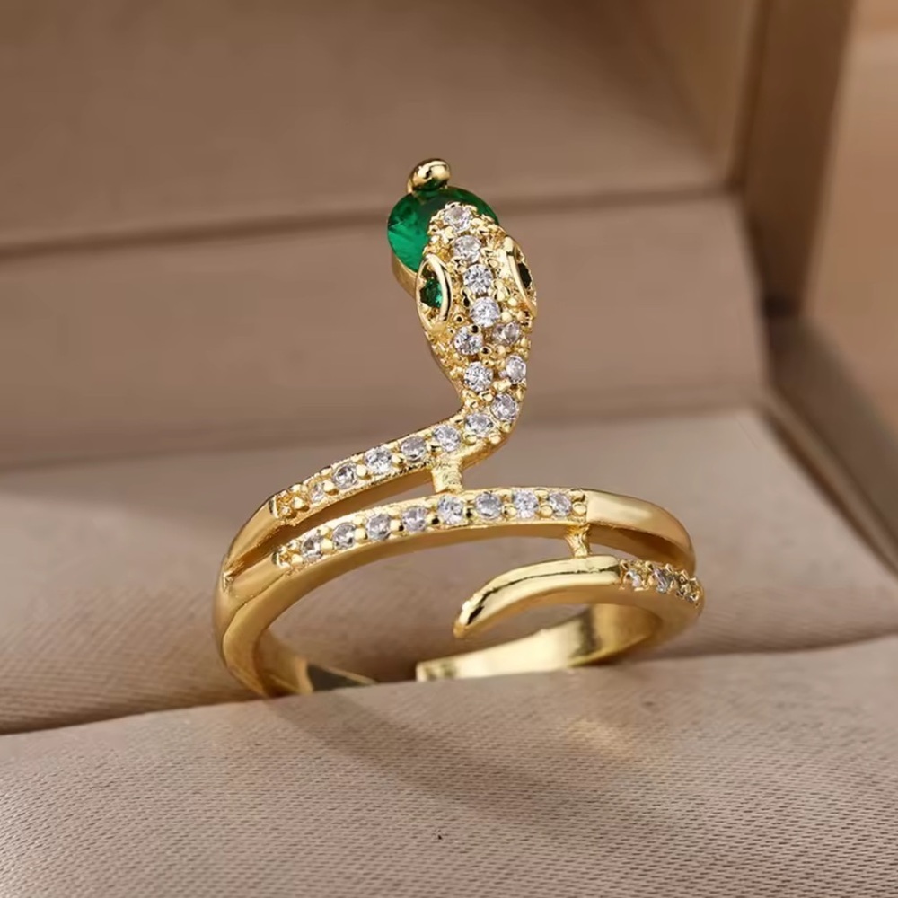 Gold Snake Ring – Green Crystal Adjustable Statement Serpent serpentine